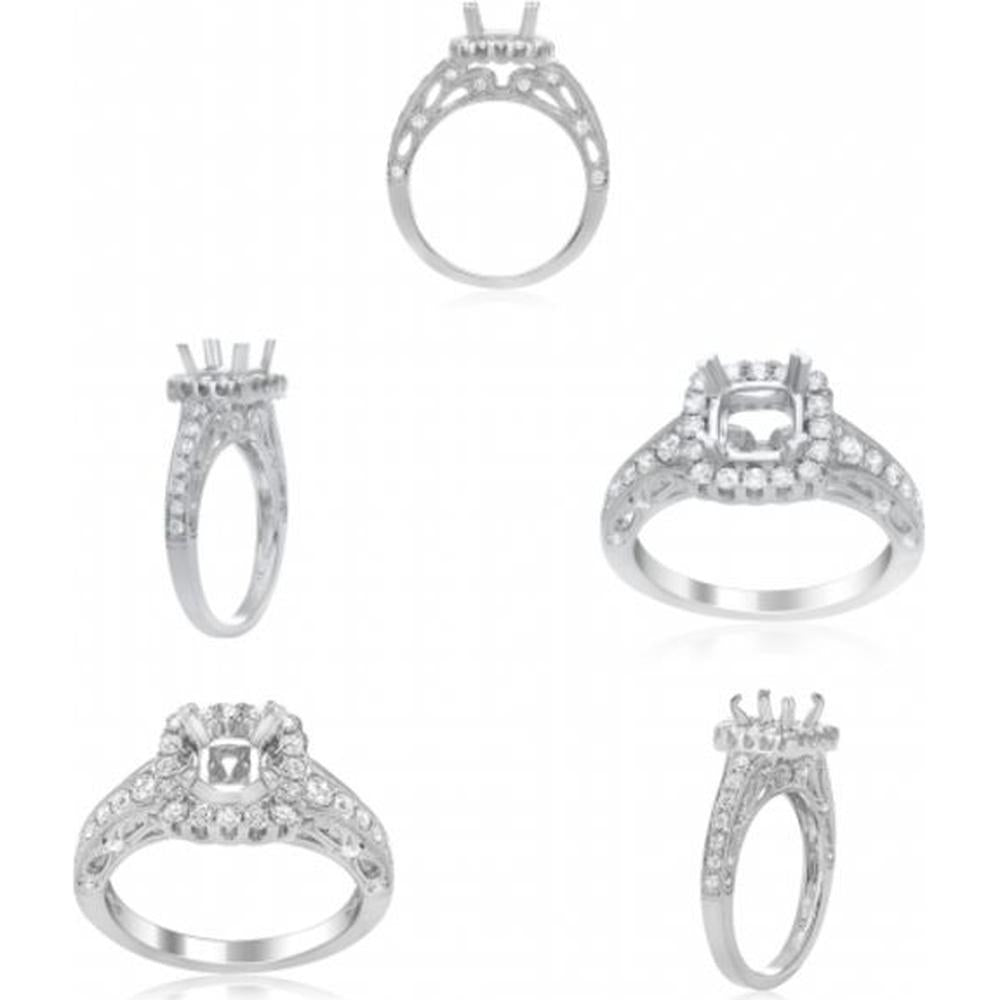 Roman & Jules - 14K White Gold Cushion Diamond Ring with Diamond Halo - 0.57 Carat Total Diamond Weight