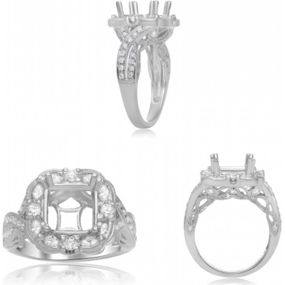 Roman & Jules - 14K White Gold Cushion Diamond Ring with Halo - 0.98 Carat Total Diamond Weight