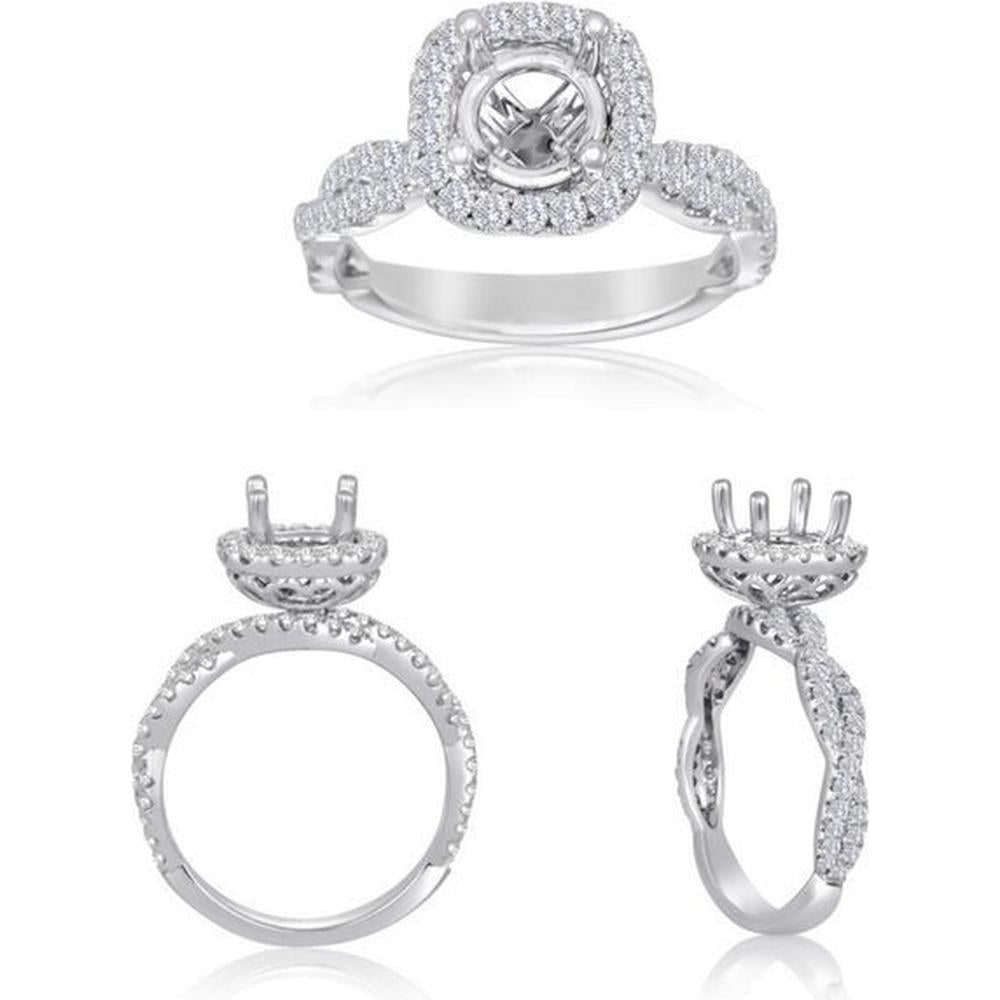 Roman & Jules - 14K White Gold Cushion Diamond Ring with Halo Design and Twist Shank - 0.80 Carat Total Diamond Weight