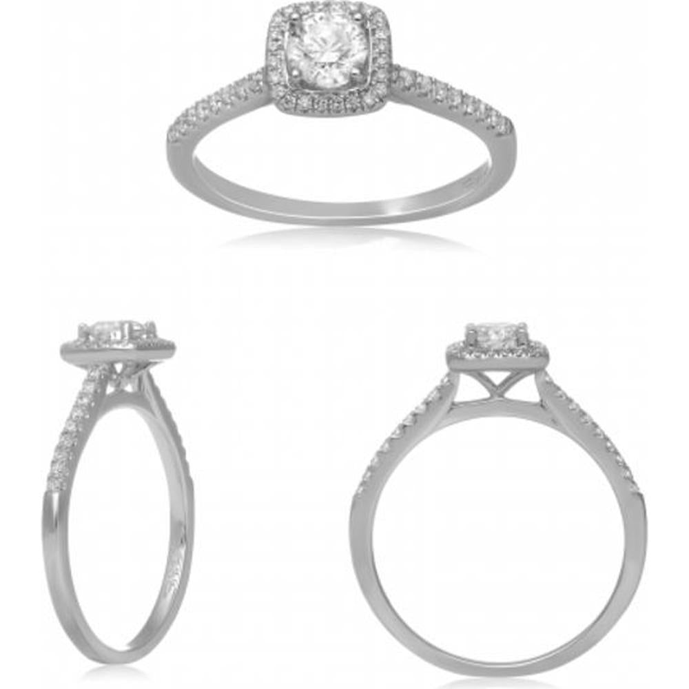 Roman & Jules - 14K White Gold Cushion Diamond Ring with Halo Setting - 0.38 Carat Total Diamond Weight
