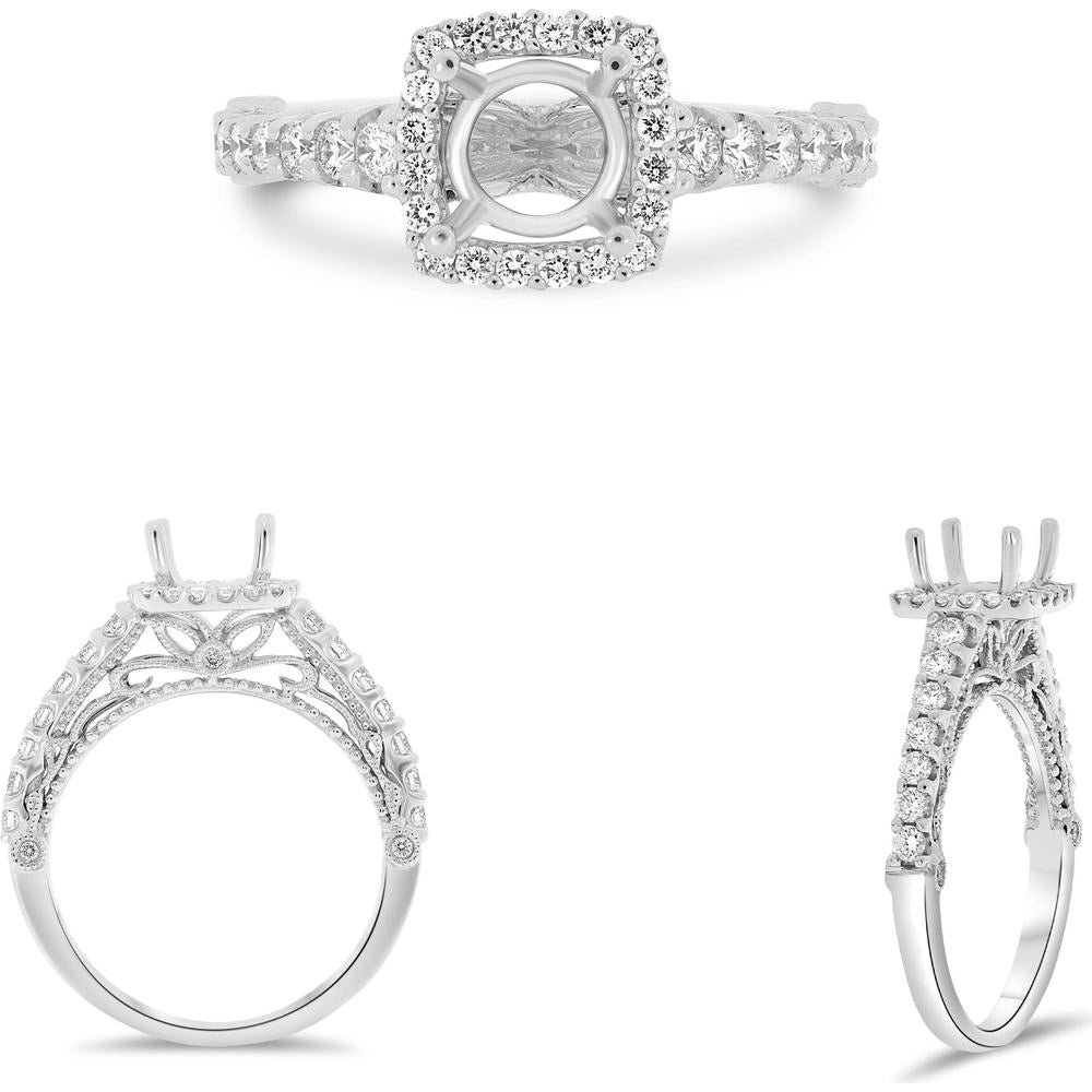Roman & Jules - 14K White Gold Cushion Diamond Ring with Halo Setting - 0.52 Carat Total Diamond Weight