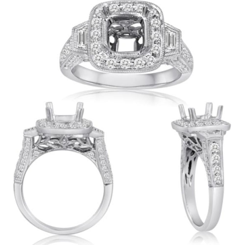 Roman & Jules - 14K White Gold Cushion Diamond Ring with Round and Baguette Diamonds - 0.85 Carat Total Diamond Weight