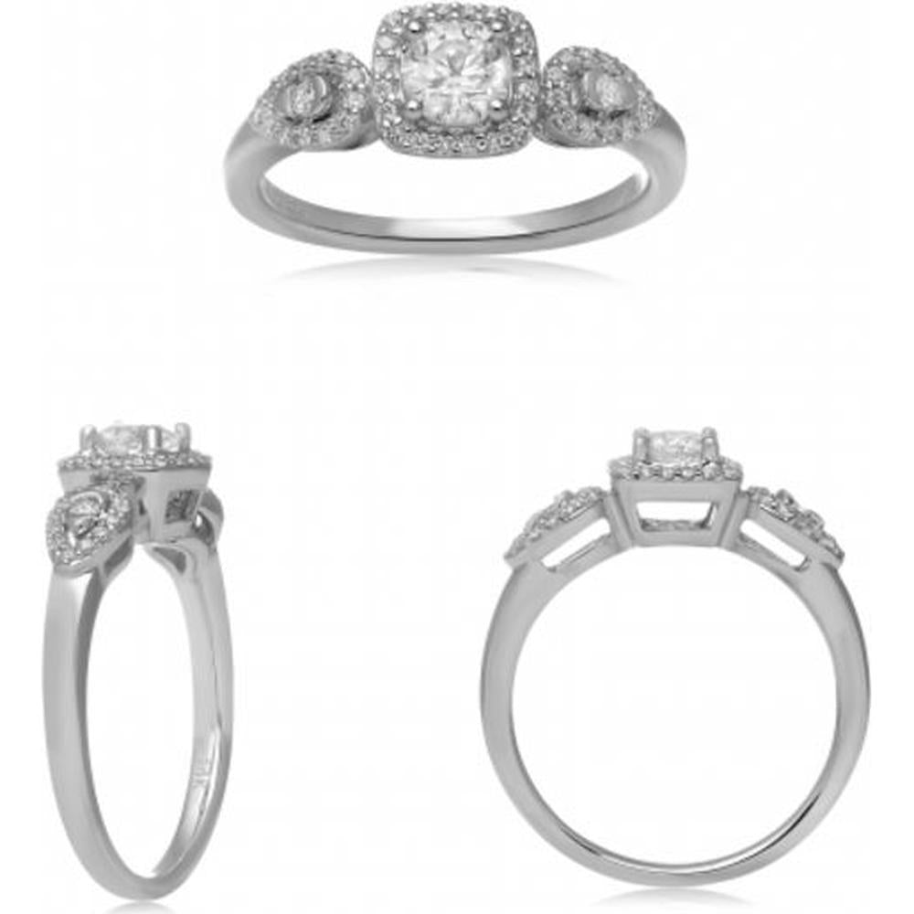 Roman & Jules - 14K White Gold Cushion Diamond Ring with Round Diamonds - 0.59 Carat Total Diamond Weight