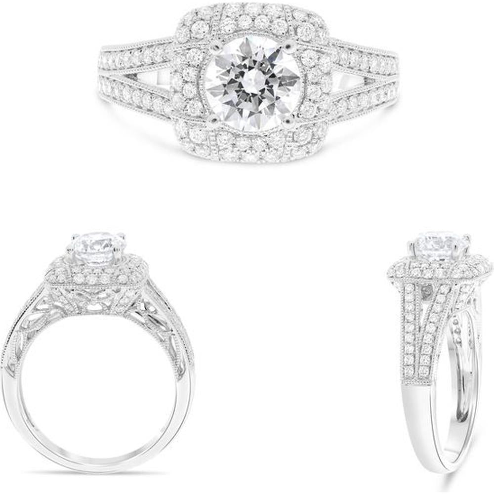 Roman & Jules - 14K White Gold Cushion Diamond Ring with Split Shank and Halo Design - 0.61 Carat Total Diamond Weight
