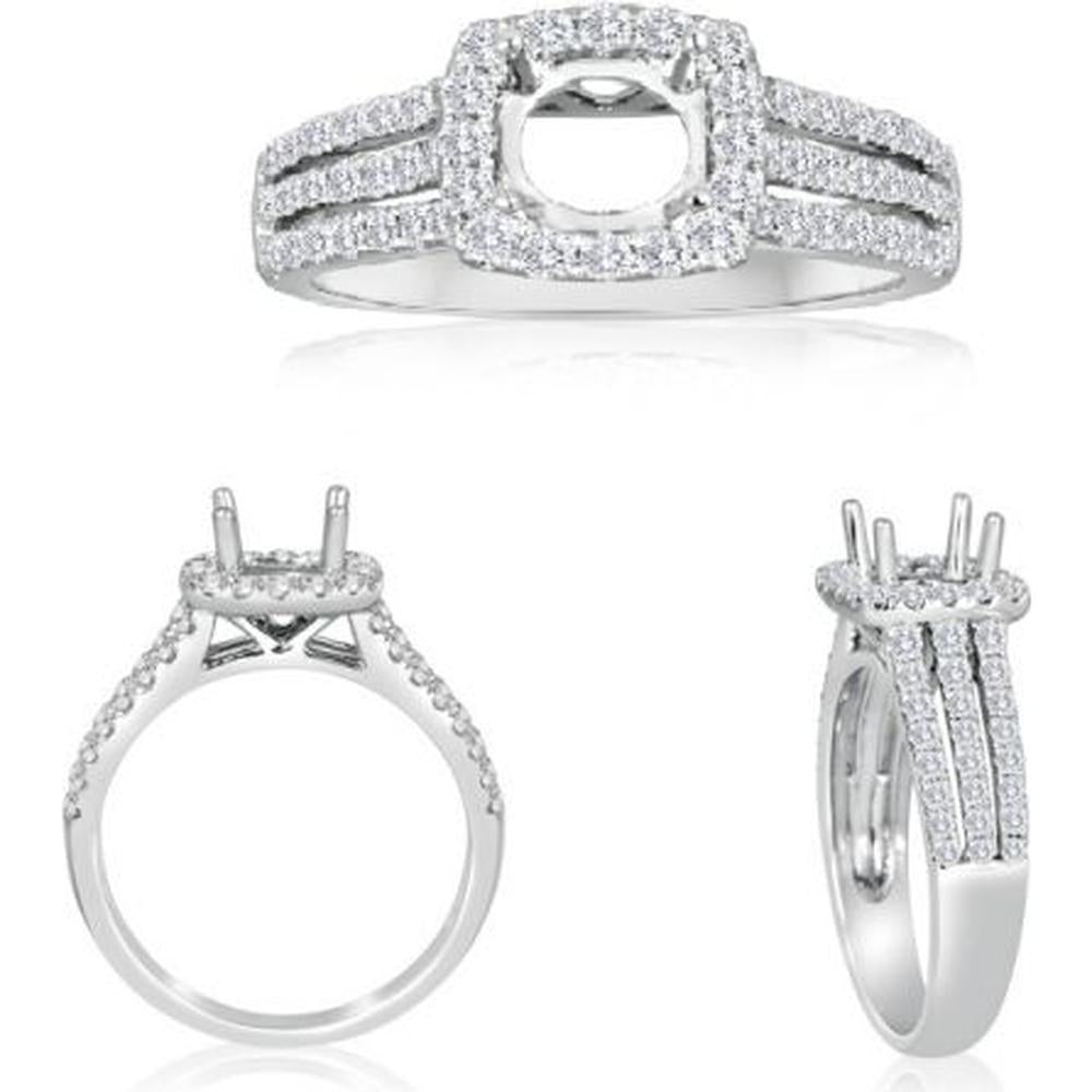 Roman & Jules - 14K White Gold Cushion Diamond Ring with Triple Shank and Halo Design - 0.82 Carat Total Diamond Weight