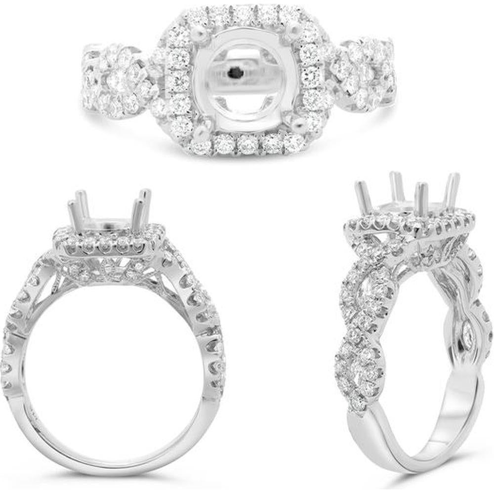 Roman & Jules - 14K White Gold Cushion Diamond Ring with Twist Shank and Halo Design - 0.70 Carat Total Diamond Weight