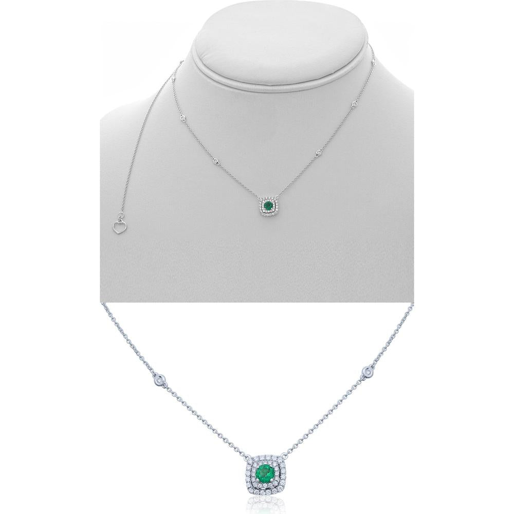 Roman & Jules - 14K White Gold Cushion Emerald Necklace with Round Diamond Halo - 0.22 Carat Emerald, 0.33 Carat Total Diamond Weight