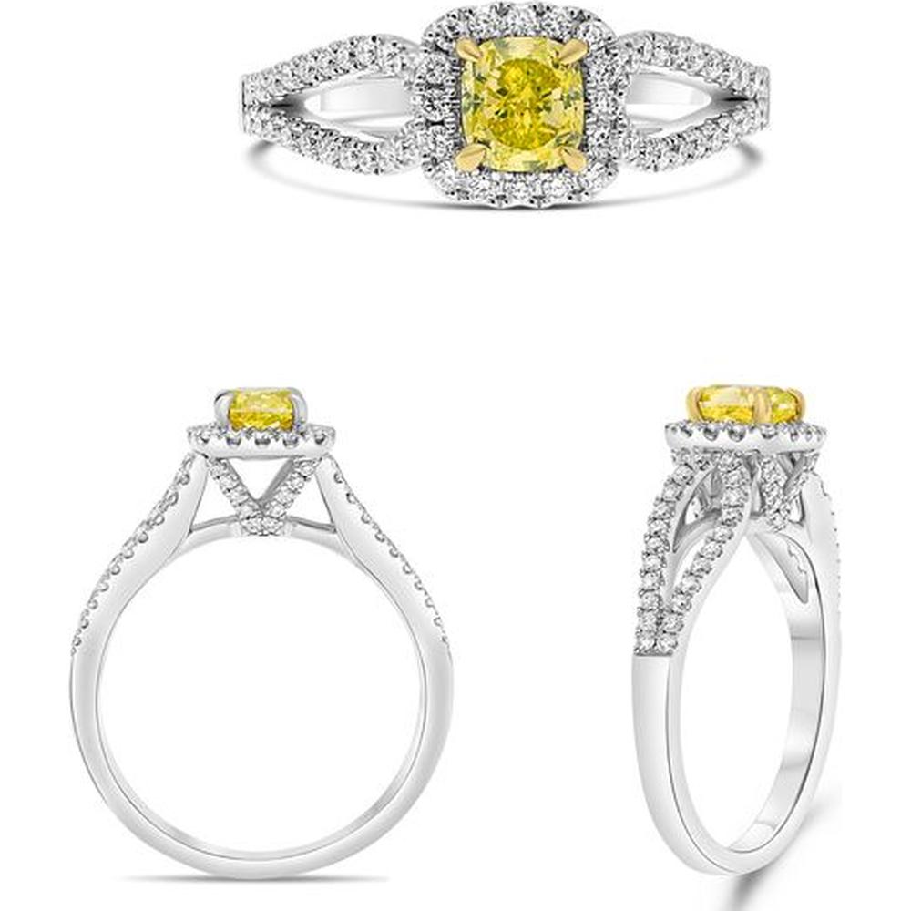 Roman & Jules - 14K White Gold Cushion Fancy Yellow Diamond Halo Ring with Round Diamonds - 0.61 Carat Total Diamond Weight