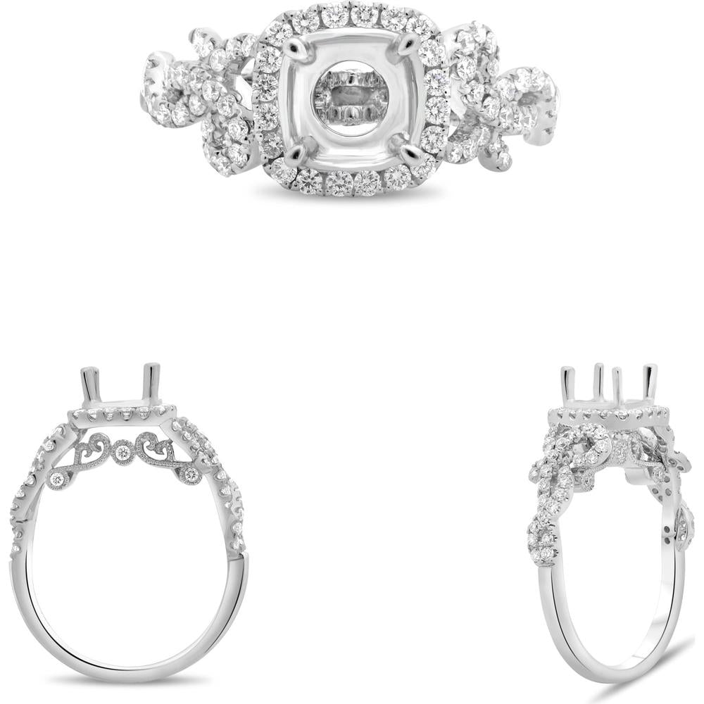 Roman & Jules - 14K White Gold Cushion Halo Diamond Ring with Twisted Shank - 0.55 Carat Total Diamond Weight