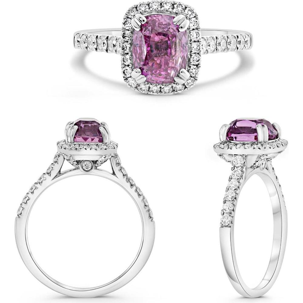 Roman & Jules - 14K White Gold Cushion Pink Sapphire Ring with Round Diamond Halo - GIA Certified 2.52 Carat Total Gem Weight