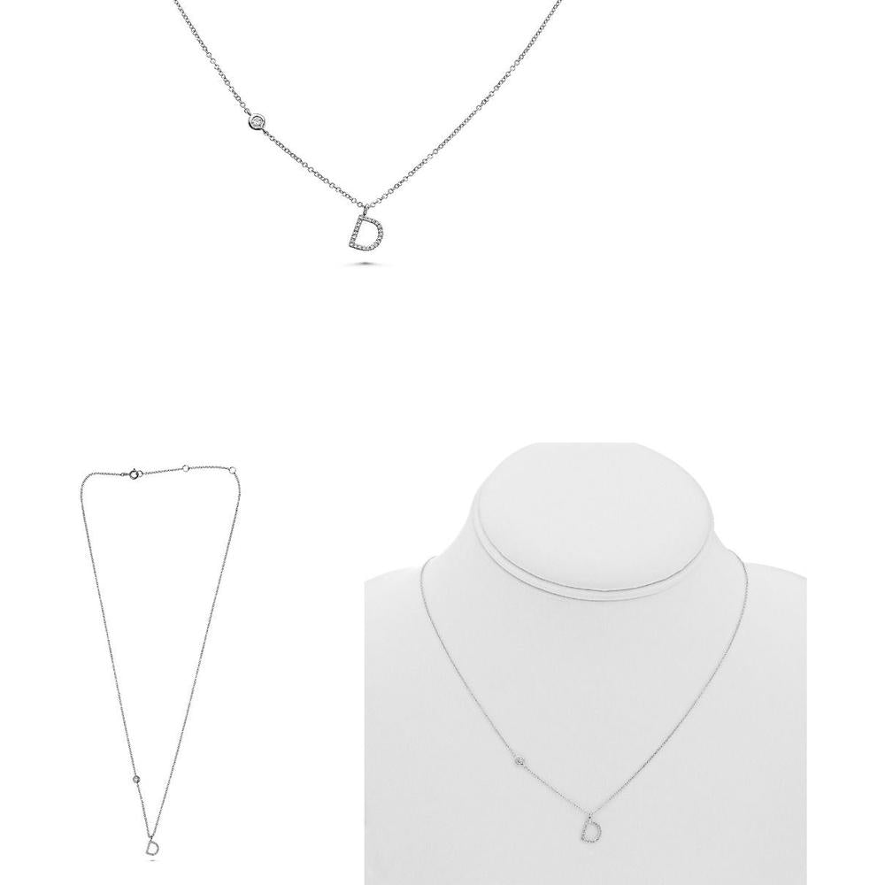 Roman & Jules - 14K White Gold "D" Initial Necklace with Round Diamond - 0.10 Carat Total Diamond Weight