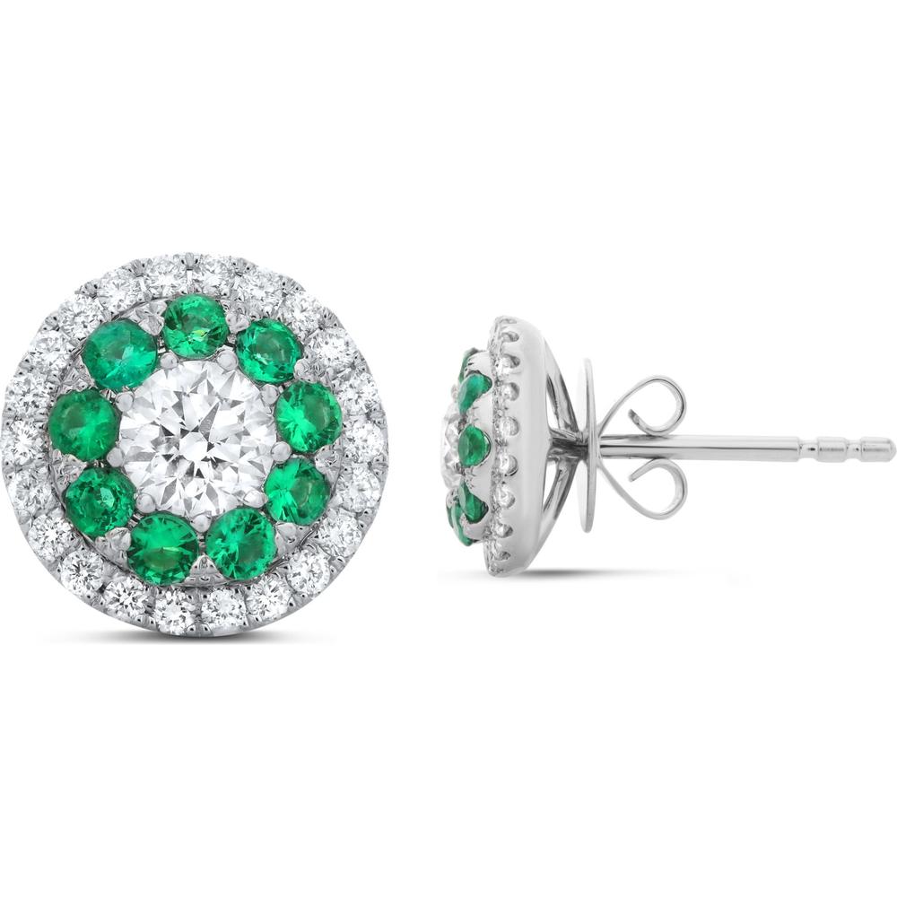 Roman & Jules - 14K White Gold Diamond & Green Emerald Halo Stud Earrings - 0.38 Carat Total Diamond Weight, 0.28 Carat Total Emerald Weight