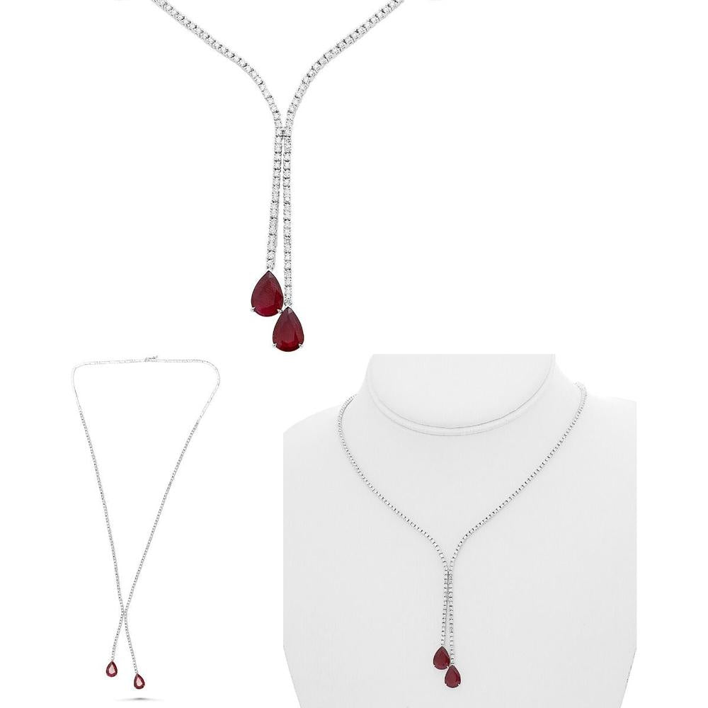 Roman & Jules - 14K White Gold Diamond & Ruby Cluster Bolo Tie Necklace - 3.83 Carat Total Diamond & Ruby Weight