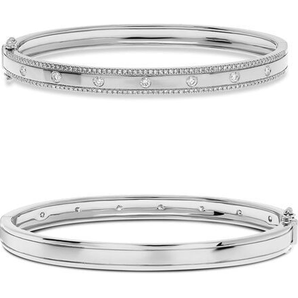 Roman & Jules - 14K White Gold Diamond Bangle with Burnish Set Round Diamonds - 0.66 Carat Total Diamond Weight