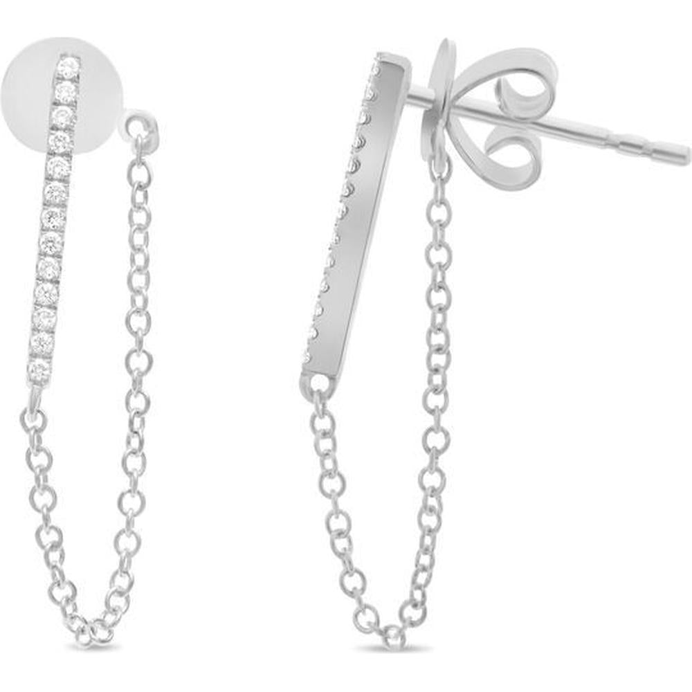 Roman & Jules - 14K White Gold Diamond Bar & Chain Earrings with 0.08 Carat Round Diamonds
