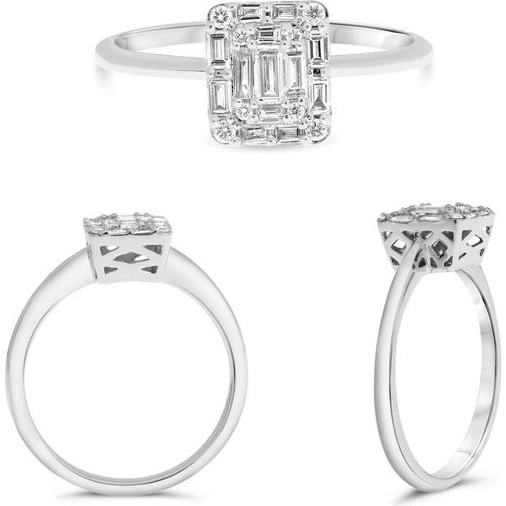 Roman & Jules - 14K White Gold Diamond Cluster Engagement Ring with Baguette and Round Diamonds - 0.32 Carat Total Diamond Weight