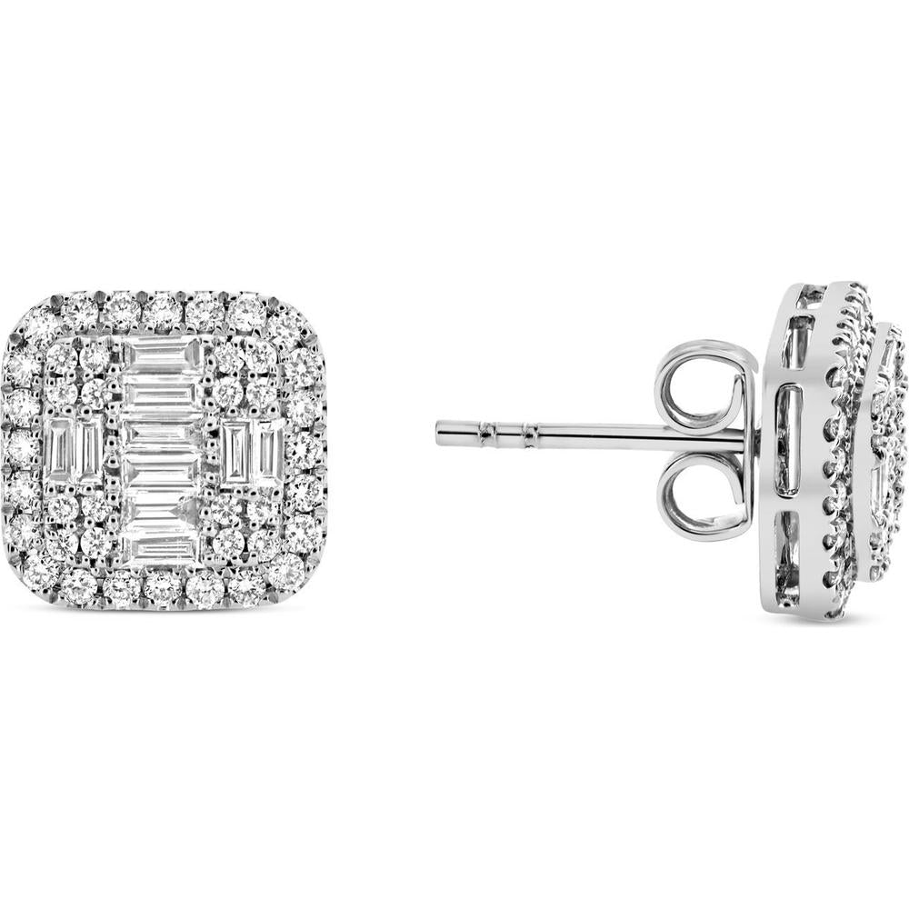 Roman & Jules - 14K White Gold Diamond Cluster Stud Earrings with Round and Baguette Diamonds - 0.98 Carat Total Diamond Weight