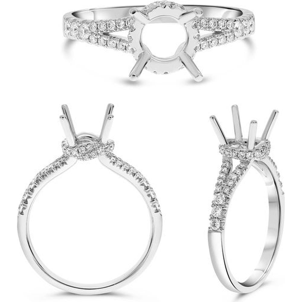 Roman & Jules - 14K White Gold Diamond Four Prong Semi Mount Ring with Split Shank and Hidden Full Halo Setting - Ready for 6.50mm Diamond Center Stone