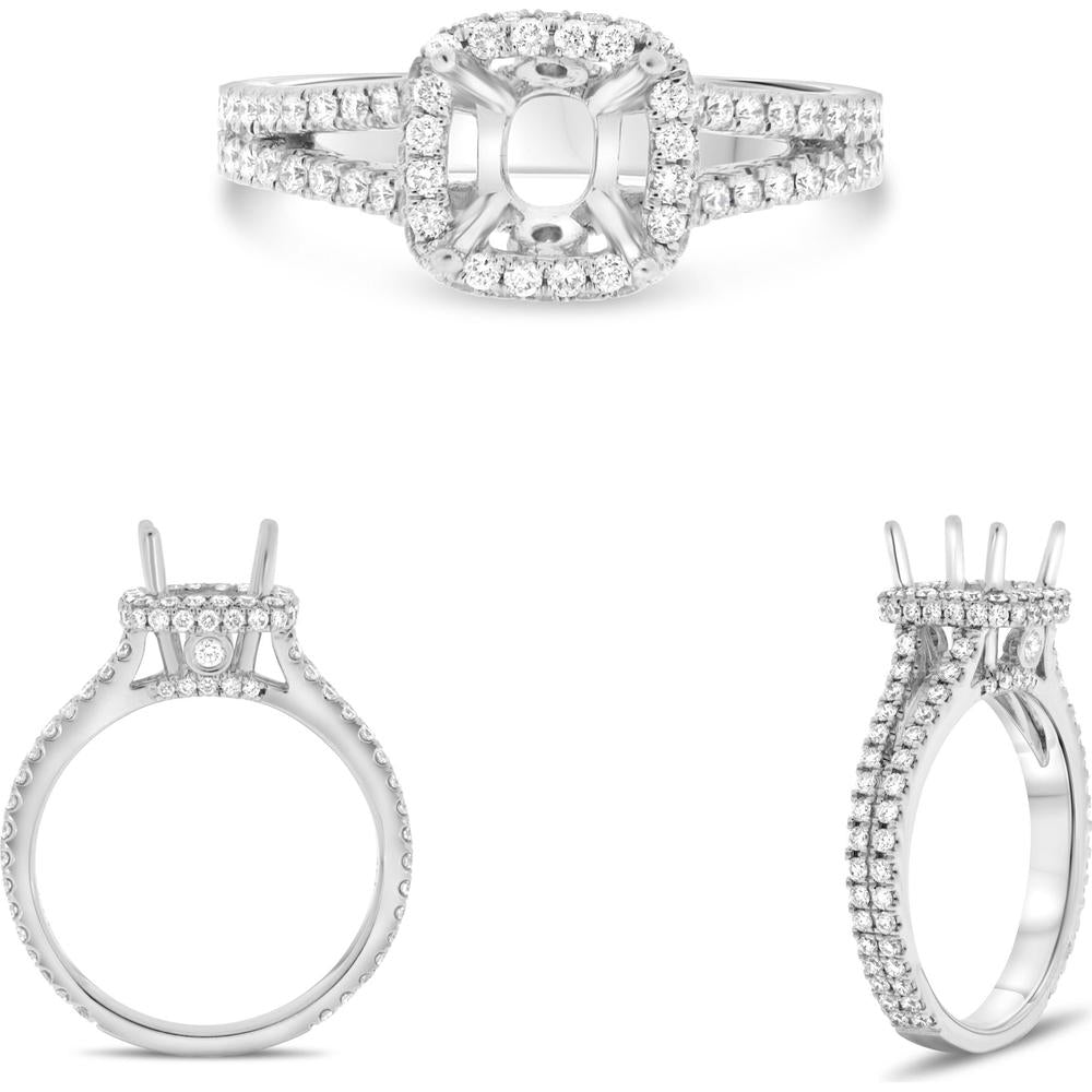 Roman & Jules - 14K White Gold Diamond Halo Engagement Ring with Split Shank and Micropavé Diamonds - 0.85 Carat Total Diamond Weight