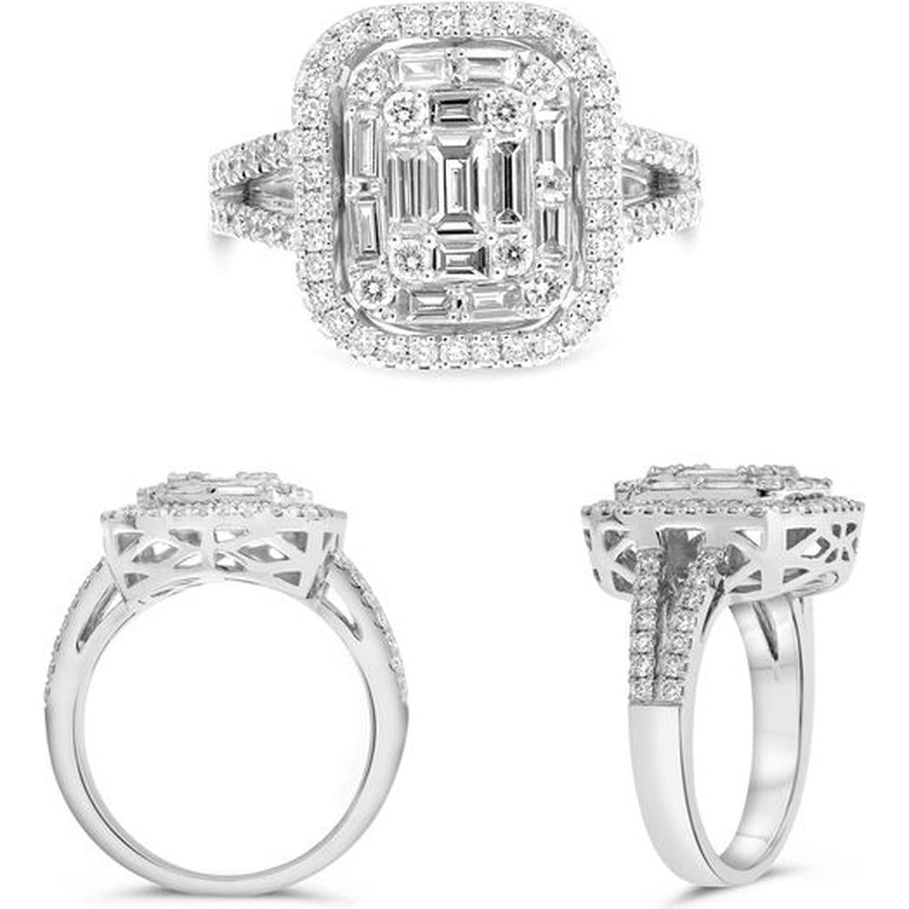 Roman & Jules - 14K White Gold Diamond Halo Ring with Baguette and Round Diamonds - 0.68 Carat Total Diamond Weight