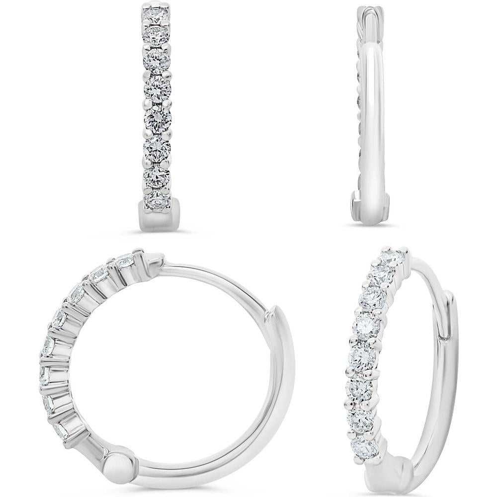 Roman & Jules - 14K White Gold Diamond Hoop Earrings with Shared Prong Set Round Diamonds - 0.21 Carat Total Diamond Weight