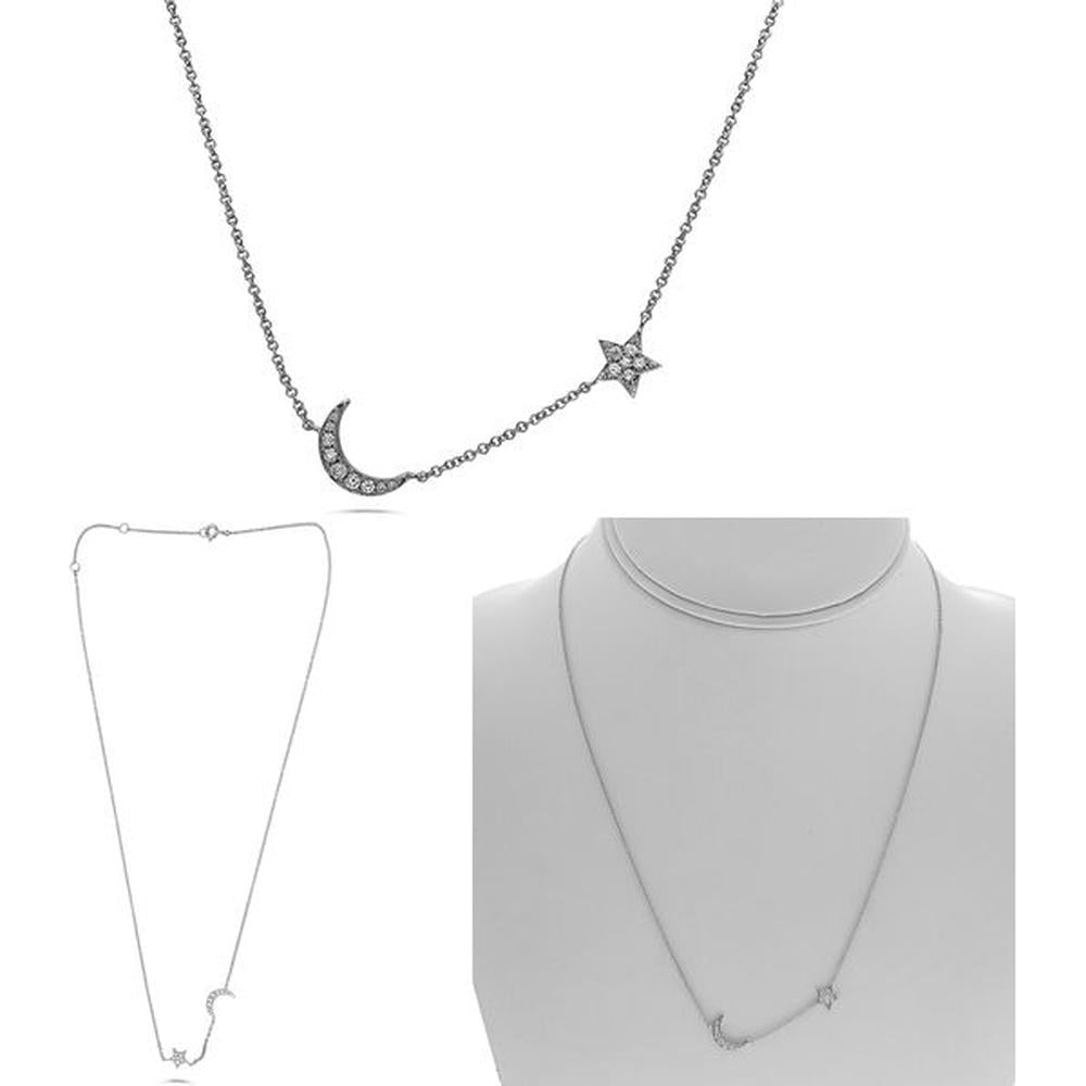 Roman & Jules - 14K White Gold Diamond Moon & Star Necklace - 0.15 Carat Total Diamond Weight