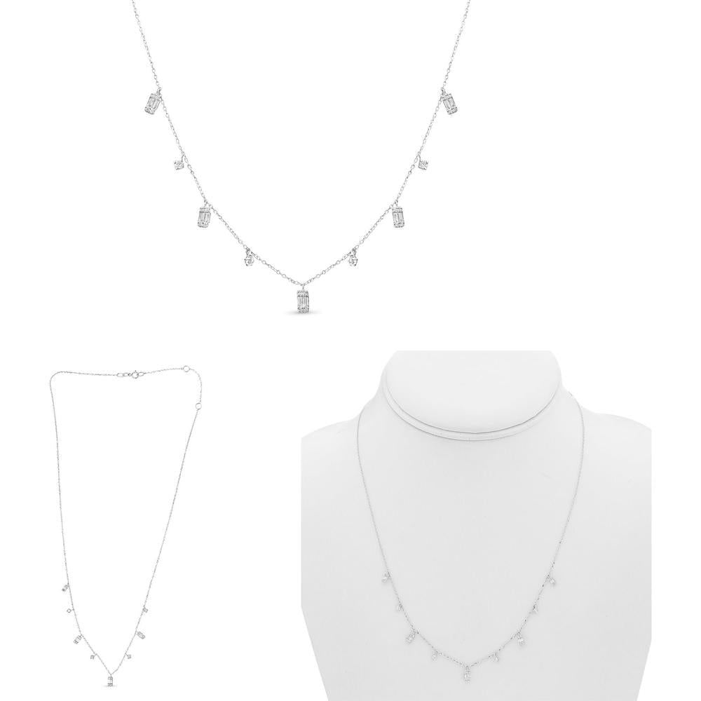 Roman & Jules - 14K White Gold Diamond Necklace with Round and Baguette Diamonds - 0.33 Carat Total Diamond Weight