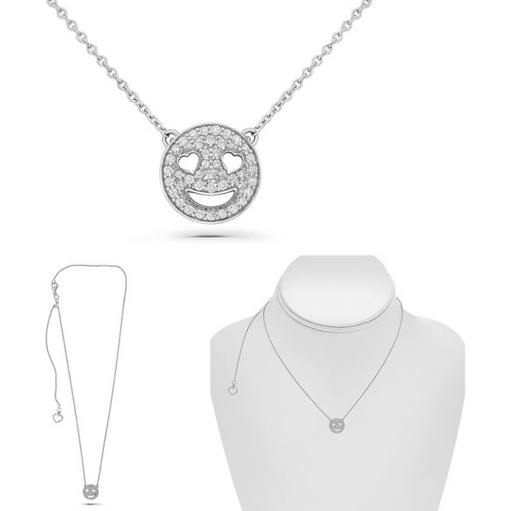 Roman & Jules - 14K White Gold Diamond Smiley Face Pendant Necklace with Round Diamonds - 0.20 Carat Total Diamond Weight