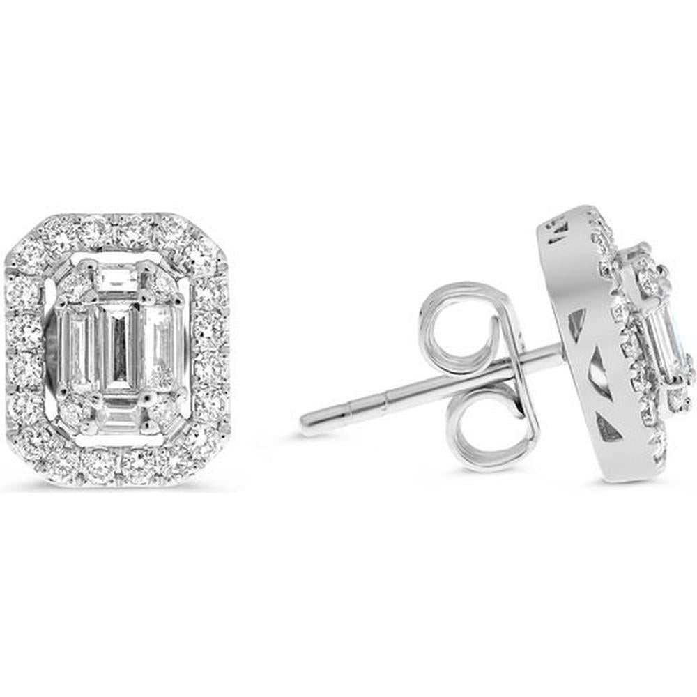 Roman & Jules - 14K White Gold Diamond Stud Earrings with Round and Baguette Diamonds - 0.82 Carat Total Diamond Weight