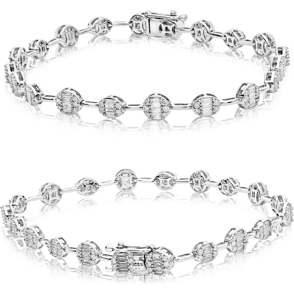 Roman & Jules - 14K White Gold Diamond Tennis Bracelet with Round and Baguette Diamonds - 1.69 Carat Total Diamond Weight