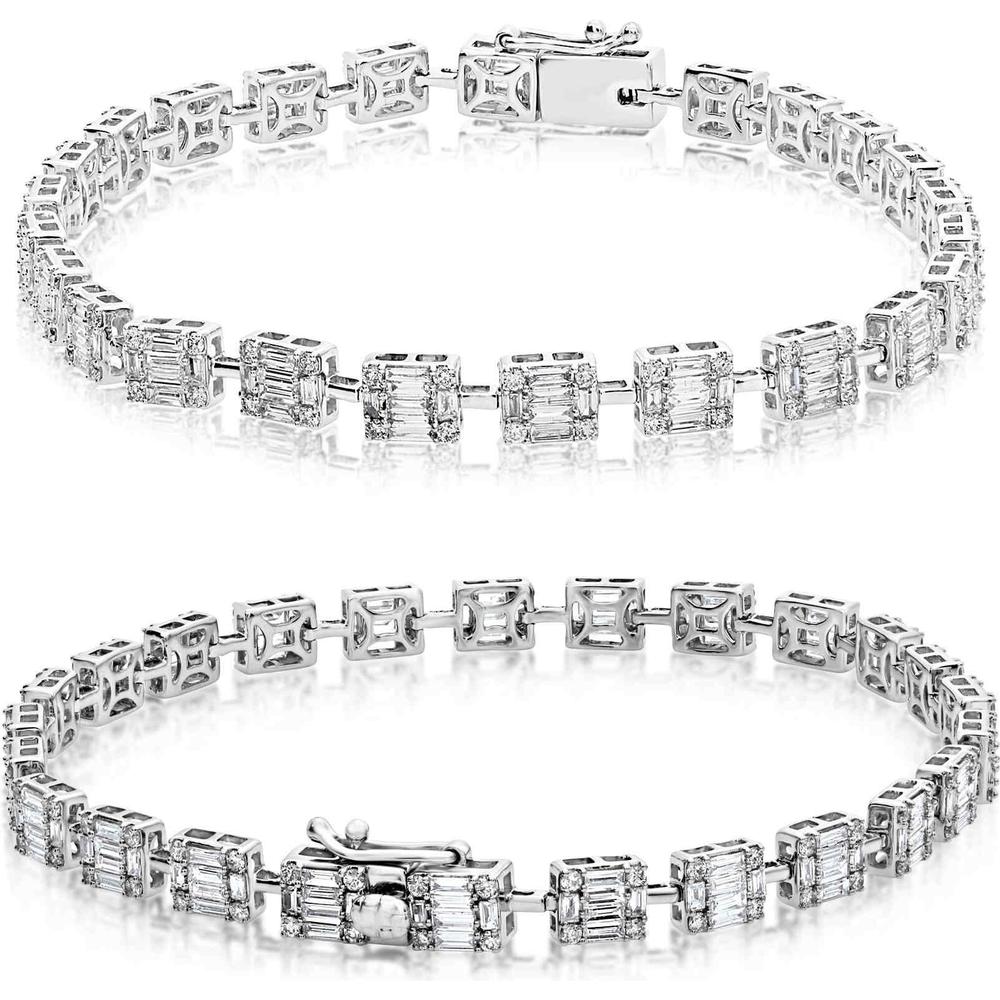 Roman & Jules - 14K White Gold Diamond Tennis Bracelet with Round and Baguette Diamonds - 2.77 Carat Total Diamond Weight