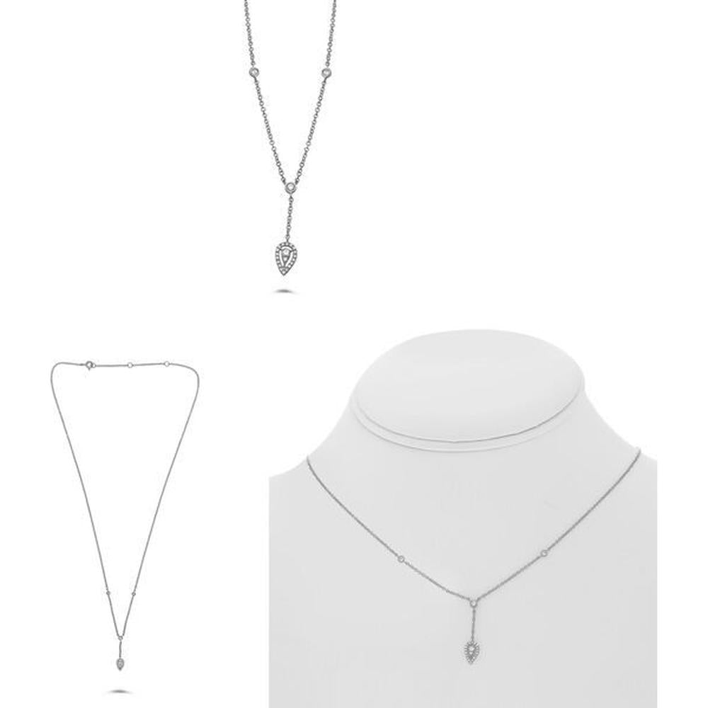 Roman & Jules - 14K White Gold Diamond Y Necklace with Pear Shaped Pendant and Round Diamonds - 0.15 Carat Total Diamond Weight