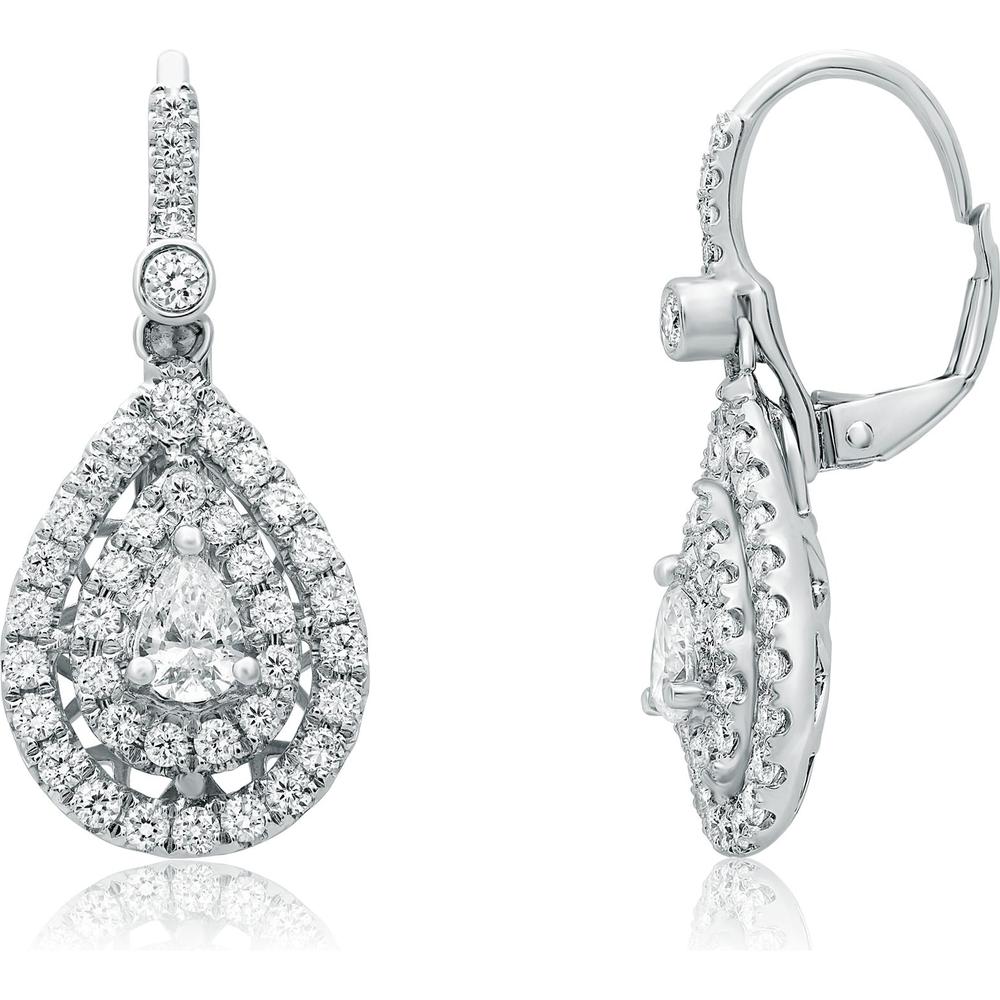 Roman & Jules - 14K White Gold Double-Halo Drop Earrings with Pear-Cut and Round Diamonds - 1.31 Carat Total Diamond Weight