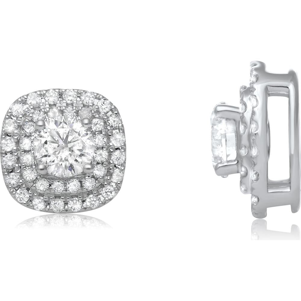 Roman & Jules - 14K White Gold Double Halo Earrings with Round Diamonds - 0.88 Carat Total Diamond Weight