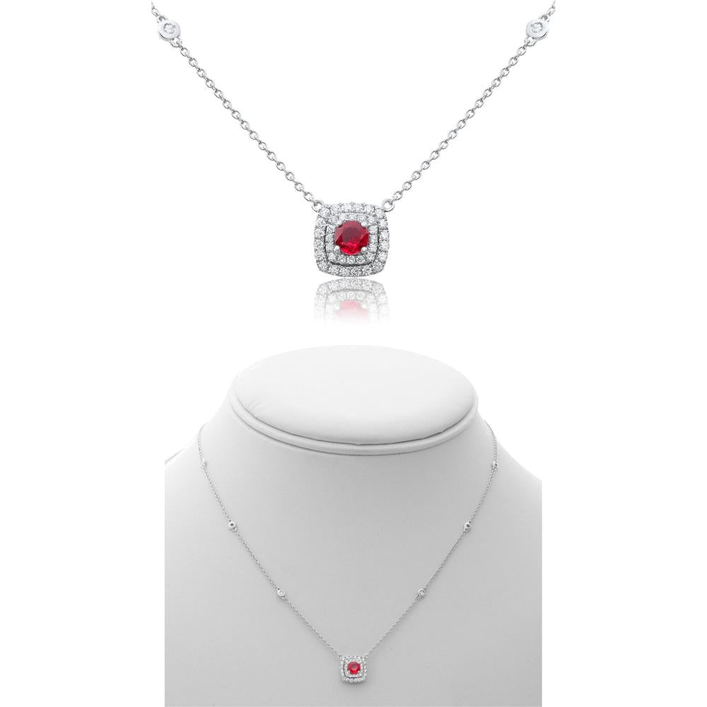 Roman & Jules - 14K White Gold Double Halo Ruby & Diamond Necklace - 0.59 Carat Total Ruby Weight, 0.30 Carat Total Diamond Weight