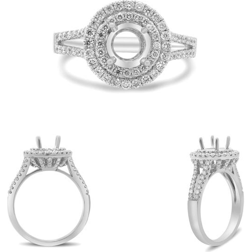 Roman & Jules - 14K White Gold Double Halo Split Shank Engagement Ring with 0.78 Carat Round Diamonds