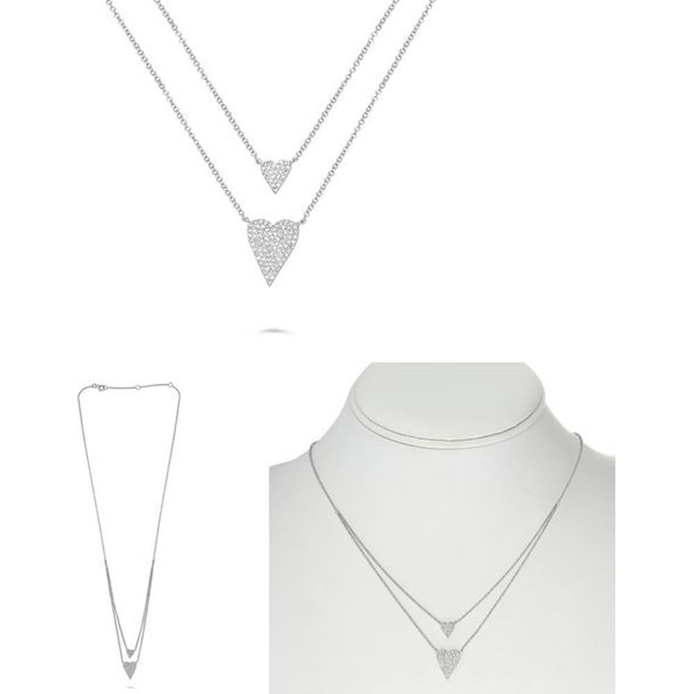 Roman & Jules - 14K White Gold Double Heart Necklace with Micropavé Set Round Diamonds - 0.24 Carat Total Diamond Weight
