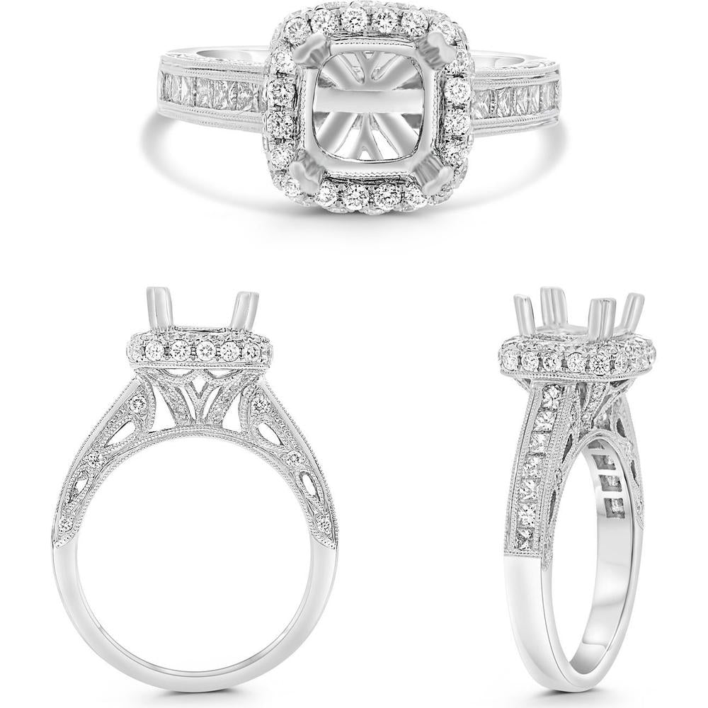 Roman & Jules - 14K White Gold Double Prong Engagement Ring Setting with Round and Princess Cut Accent Diamonds - 1.15 Carat Total Diamond Weight