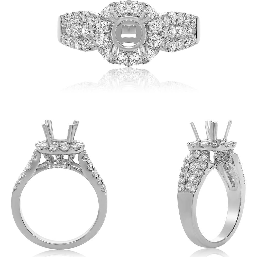 Roman & Jules - 14K White Gold Double Prong Engagement Ring with 1.23 Carat Total Round Diamonds in Halo Setting