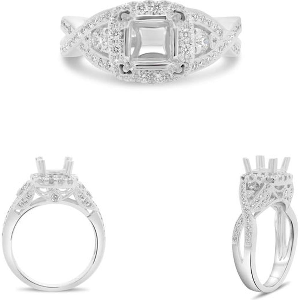 Roman & Jules - 14K White Gold Double Prong Side Stone Engagement Setting with 0.62 Carat Round Diamond - Halo Design