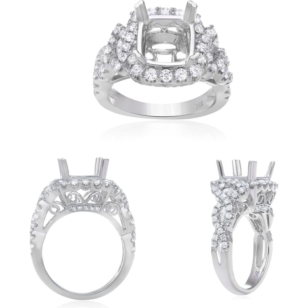 Roman & Jules - 14K White Gold Double Prong Twisted Shank Engagement Ring with Round and Marquise Diamonds - 0.98 Carat Total Diamond Weight