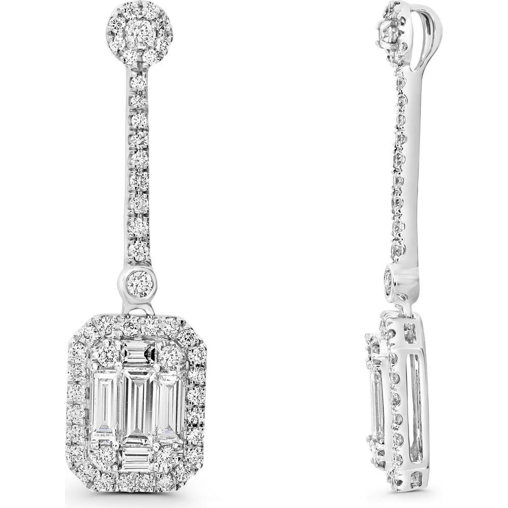 Roman & Jules - 14K White Gold Drop Earrings with Baguette and Round Diamonds - 0.68 Carat Total Diamond Weight
