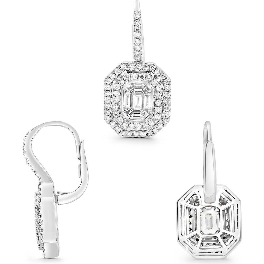 Roman & Jules - 14K White Gold Drop Earrings with Emerald Cut and Baguette Diamonds - 1.28 Carat Total Diamond Weight