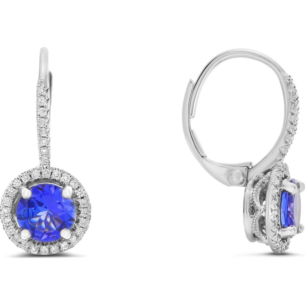 Roman & Jules - 14K White Gold Drop Earrings with Round Tanzanite and Diamond Halo - 1.56 Carat Total Tanzanite Weight