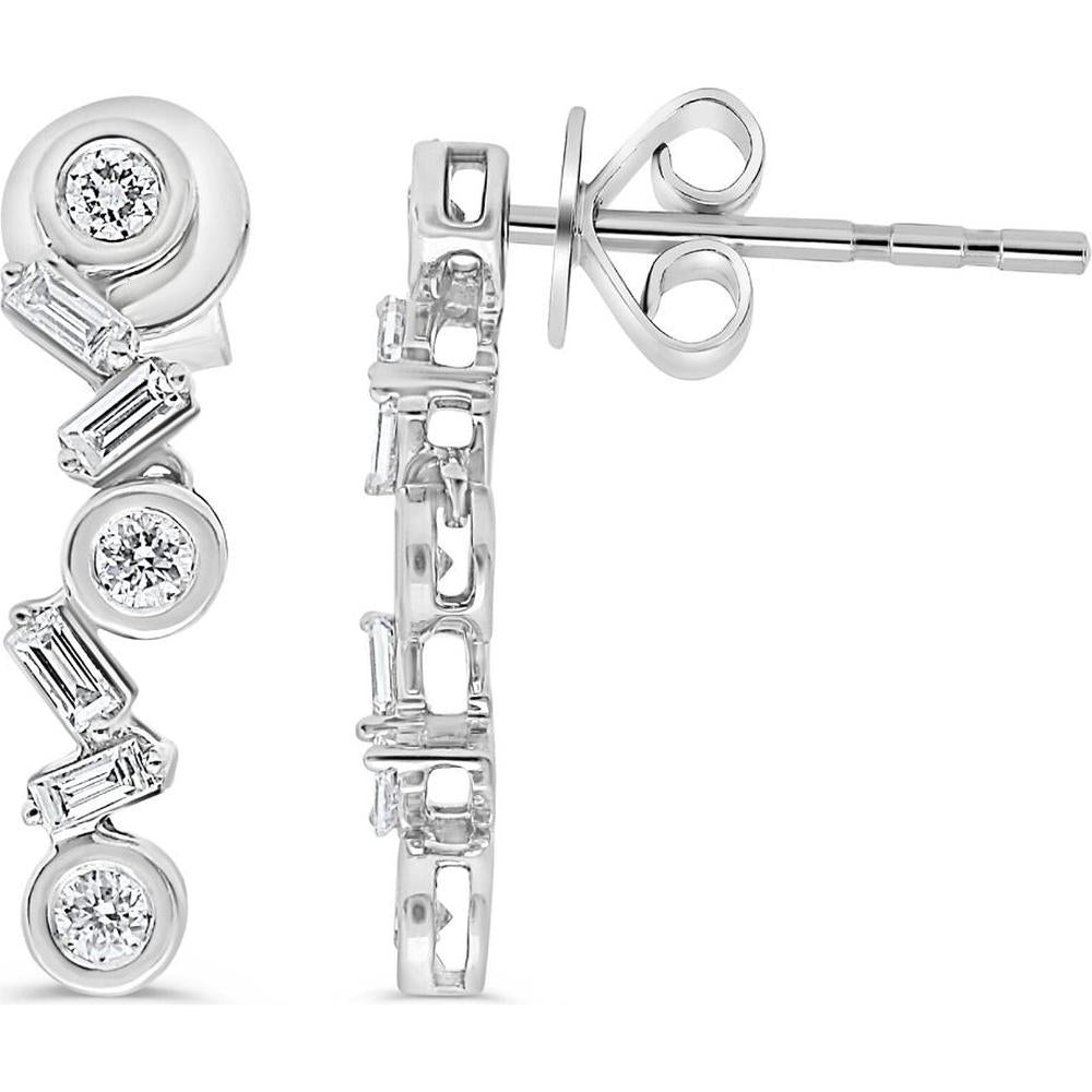 Roman & Jules - 14K White Gold Earrings with Round and Baguette Diamonds - 0.26 Carat Total Diamond Weight