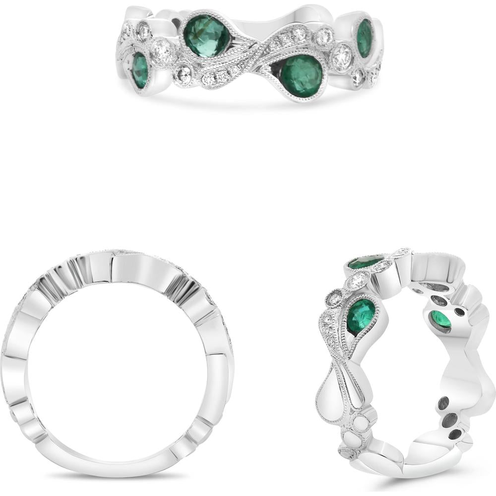 Roman & Jules - 14K White Gold Emerald and Diamond Band Ring with Milgrain Detailing - 0.75 Carat Total Emerald Weight