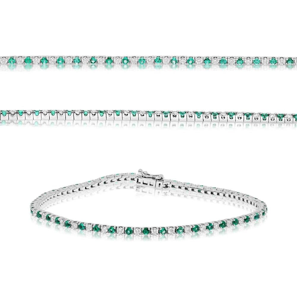 Roman & Jules - 14K White Gold Emerald and Diamond Tennis Bracelet with Prong Set Round Emeralds and Diamonds - 1.00 Carat Total Gem Weight