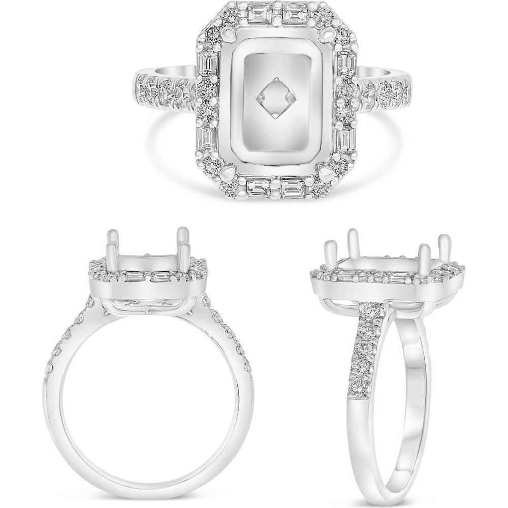 Roman & Jules - 14K White Gold Emerald Cut Diamond Ring with Halo and Baguette Diamonds - 1.00 Carat Total Diamond Weight