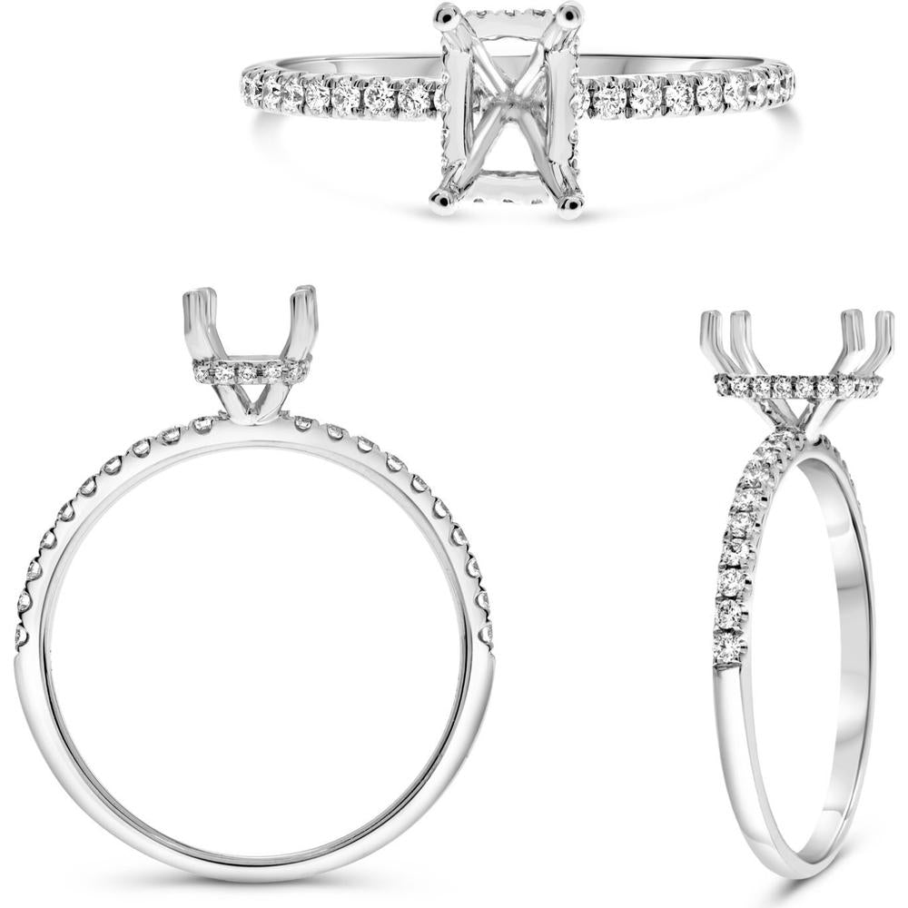 Roman & Jules - 14K White Gold Emerald Cut Diamond Ring with Hidden Full Halo and Round Diamond Band - 0.22 Carat Total Diamond Weight