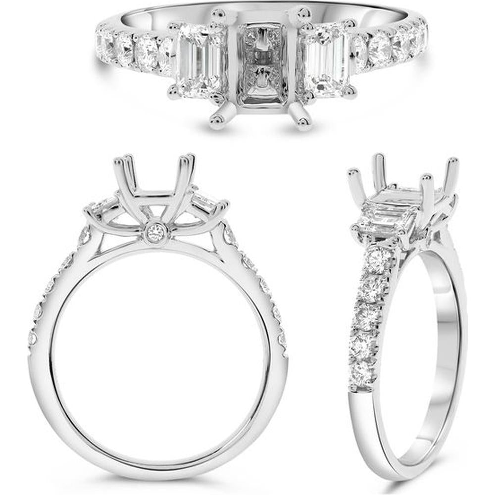 Roman & Jules - 14K White Gold Emerald Cut Diamond Ring with Round Accent Diamonds - 1.15 Carat Total Diamond Weight